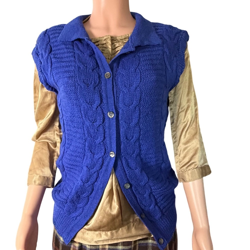 VTG Giuseppe 100% Wool Cable Knit Button Front Sweater Vest Blue Made in USA S